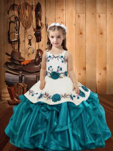 Latest Teal Organza Lace Up Straps Sleeveless Floor Length Little Girl Pageant Gowns Embroidery and Ruffles