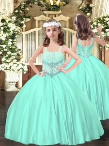 Sleeveless Satin Floor Length Lace Up Pageant Gowns in Apple Green with Beading