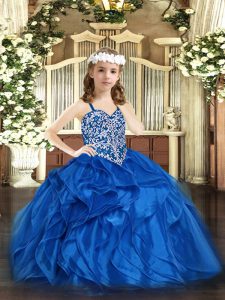 Blue Sleeveless Beading and Ruffles Floor Length Custom Made Pageant Dress