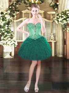Mini Length Dark Green Prom Dresses Organza Sleeveless Beading and Ruffles