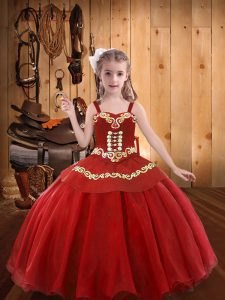 Floor Length Ball Gowns Sleeveless Red Little Girls Pageant Gowns Lace Up