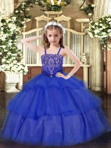 Great Beading and Ruffled Layers Pageant Dress Royal Blue Lace Up Sleeveless Floor Length