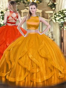 Hot Sale Floor Length Orange Red Quinceanera Dress Tulle Sleeveless Ruffles