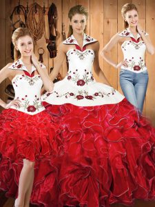 High Class Floor Length White And Red Vestidos de Quinceanera Halter Top Sleeveless Lace Up