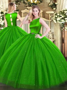 Green Sleeveless Belt Floor Length Quinceanera Gowns