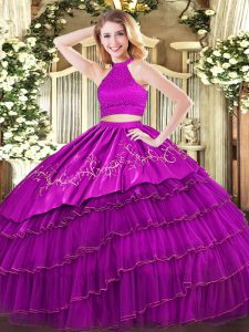 Modest Fuchsia Sleeveless Organza Backless Ball Gown Prom Dress for Military Ball and Sweet 16 and Quinceanera