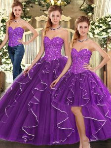 Organza Sweetheart Sleeveless Lace Up Beading and Ruffles Vestidos de Quinceanera in Eggplant Purple