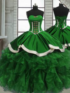 Sleeveless Floor Length Beading and Ruffles Lace Up Vestidos de Quinceanera with Green