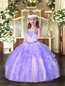 Lavender Straps Neckline Beading and Ruffles Glitz Pageant Dress Sleeveless Lace Up