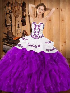 Glorious Embroidery and Ruffles 15th Birthday Dress Eggplant Purple Lace Up Sleeveless Floor Length