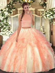 Clearance Orange Red Backless Halter Top Beading and Ruffles Vestidos de Quinceanera Organza Sleeveless