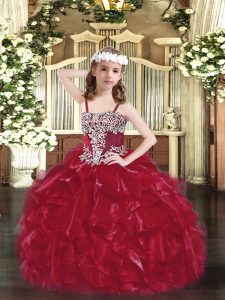 Classical Wine Red Ball Gowns Straps Sleeveless Organza Floor Length Lace Up Appliques and Ruffles Little Girl Pageant D