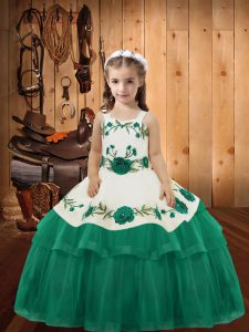 Sweet Floor Length Lace Up Little Girls Pageant Gowns Turquoise for Sweet 16 and Quinceanera with Embroidery and Ruffled