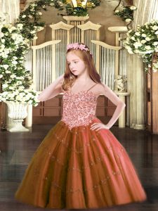 Affordable Tulle Spaghetti Straps Sleeveless Lace Up Appliques Little Girl Pageant Gowns in Rust Red