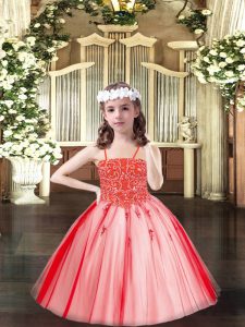 Unique Sleeveless Floor Length Beading Lace Up Kids Pageant Dress with Coral Red