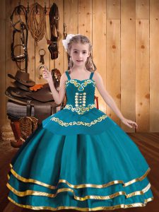 New Arrival Organza Straps Sleeveless Lace Up Embroidery and Ruffled Layers Child Pageant Dress in Teal