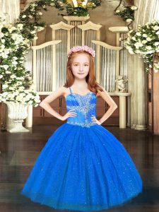 Attractive Blue Tulle Lace Up Spaghetti Straps Sleeveless Floor Length Kids Pageant Dress Beading