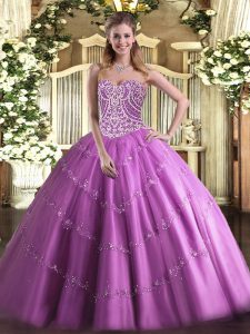 Artistic Lilac Ball Gowns Tulle Sweetheart Sleeveless Beading Floor Length Lace Up Ball Gown Prom Dress