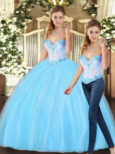 Sleeveless Tulle Floor Length Lace Up Quinceanera Dress in Baby Blue with Beading