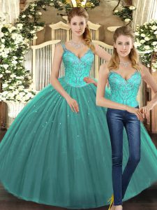 Turquoise 15th Birthday Dress Military Ball and Sweet 16 and Quinceanera with Beading Straps Sleeveless Lace Up