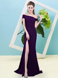 Dark Purple Off The Shoulder Neckline Ruching Bridesmaids Dress Sleeveless Zipper