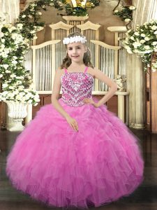 Sleeveless Organza Floor Length Lace Up Little Girls Pageant Dress Wholesale in Rose Pink with Beading and Ruffles