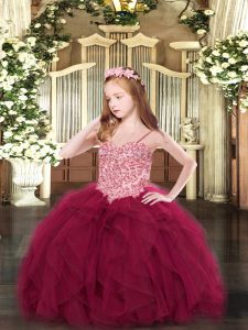 Lovely Wine Red Lace Up Pageant Dress for Teens Appliques and Ruffles Sleeveless Floor Length
