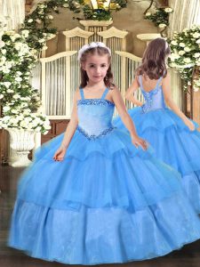 Excellent Ball Gowns Pageant Dress for Girls Baby Blue Straps Organza Sleeveless Floor Length Lace Up