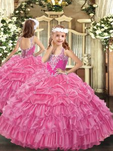 Popular Rose Pink Little Girls Pageant Dress Wholesale Party and Quinceanera with Beading and Ruffled Layers and Pick Up