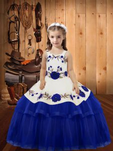 Nice Royal Blue Sleeveless Floor Length Embroidery and Ruffled Layers Lace Up Little Girl Pageant Gowns