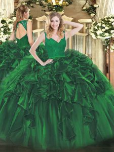 Simple Floor Length Dark Green Quinceanera Gown Organza Sleeveless Beading and Ruffles