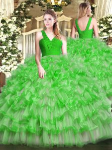 Custom Fit Green Zipper Quinceanera Dress Ruffled Layers Sleeveless Floor Length