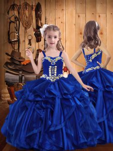 Super Royal Blue Little Girls Pageant Dress Wholesale Sweet 16 and Quinceanera with Embroidery and Ruffles Straps Sleeve