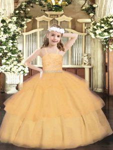 Fashion Orange Sleeveless Organza Zipper Kids Pageant Dress for Party and Quinceanera