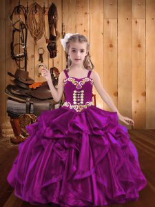 Organza Straps Sleeveless Lace Up Embroidery and Ruffles Little Girl Pageant Dress in Fuchsia