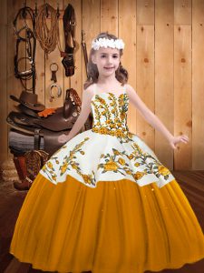 Stylish Gold Lace Up Straps Embroidery Child Pageant Dress Tulle Sleeveless