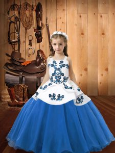 Blue Ball Gowns Embroidery Pageant Dress for Teens Lace Up Organza Sleeveless Floor Length
