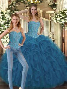 Sumptuous Teal Sweet 16 Dresses Military Ball and Sweet 16 and Quinceanera with Beading and Ruffles Sweetheart Sleeveles