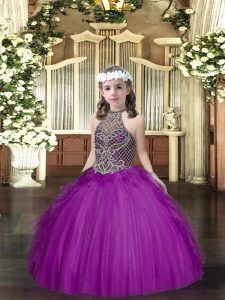 Purple Lace Up Halter Top Beading and Ruffles Little Girl Pageant Dress Tulle Sleeveless