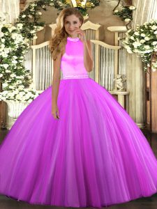 Custom Design Ball Gowns Ball Gown Prom Dress Rose Pink and Lilac Halter Top Tulle Sleeveless Floor Length Backless