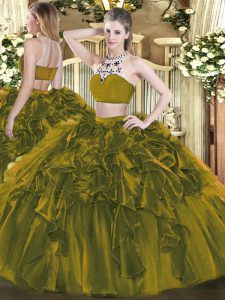 Elegant Tulle High-neck Sleeveless Backless Beading and Ruffles Sweet 16 Quinceanera Dress in Olive Green