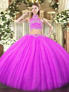 Ideal Tulle High-neck Sleeveless Backless Beading Quinceanera Gowns in Lilac