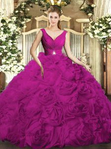 Fashionable Fuchsia Sleeveless Beading and Ruching Floor Length Sweet 16 Dress