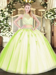 Best Yellow Green Sleeveless Beading Floor Length 15th Birthday Dress