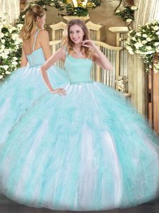 Straps Sleeveless Quinceanera Gowns Floor Length Beading and Ruffles Aqua Blue Tulle