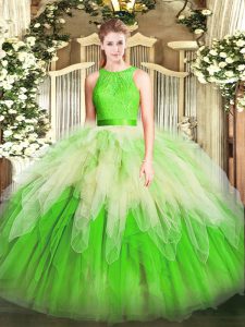 Sleeveless Organza Floor Length Zipper Quince Ball Gowns in Multi-color with Lace and Ruffles