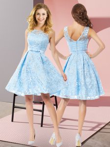 Latest Aqua Blue Sleeveless Lace Zipper Bridesmaid Dress for Prom and Party and Wedding Party