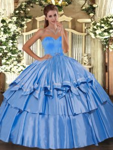 Suitable Baby Blue Sleeveless Floor Length Beading and Ruffled Layers Lace Up Vestidos de Quinceanera