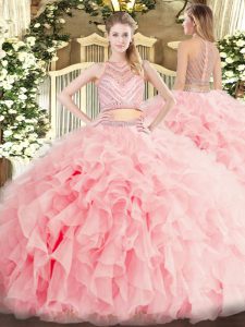 Discount Scoop Sleeveless Quinceanera Gowns Floor Length Beading and Ruffles Baby Pink Tulle
