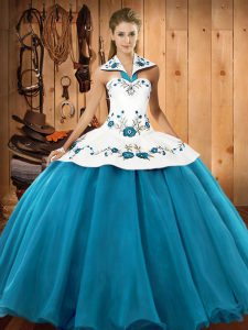 Teal Lace Up Halter Top Embroidery Sweet 16 Dresses Satin and Tulle Sleeveless